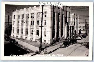 Fairbanks Alaska AK Postcard RPPC Photo Federal Building Cars Scene 1947 Vintage