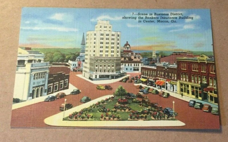 VINTAGE PENNY POSTCARD UNUSED BUSINESS DISTRICT BANKERS INSURANCE MACON GEORGIA 