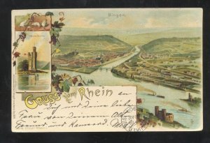 1900 GRUSS VOM RHEIN GERMANY BIRDSEYE VIEW BINGEN VINTAGE POSTCARD