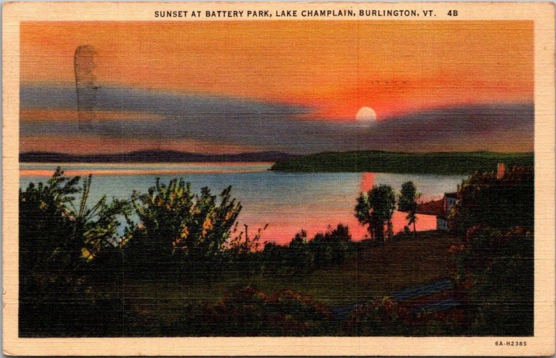 Vermont Burlington Lake Champlain Sunset At Battery Park 1942 Curteich