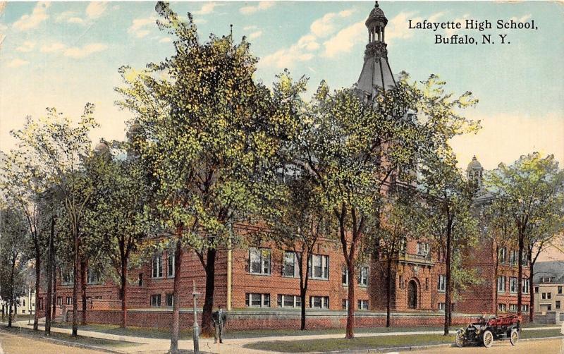 Buffalo New York~Lafayette High School~Man on Sidewalk by Street Sign~c1910 Car