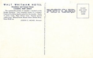 Vintage Postcard Broadway & Cooper St. Hotel Walt Whitman Camden New Jersey NJ