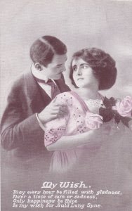 Romance Postcard - My Wish  - Young Man and Young Lady Holding Roses  ZZ2199