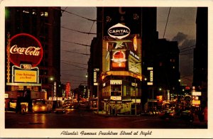 Vtg 1960 Peachtree Street at Night Atlanta Georgia GA Coca Cola Signs Postcard