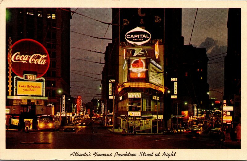 Vtg 1960 Peachtree Street at Night Atlanta Georgia GA Coca Cola Signs Postcard