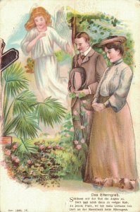 Art Nouveau Couple by a Grave with an Angel Embossed Vintage Postcard 07.11
