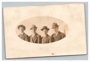 Vintage Early 1910's RPPC Postcard Photo of Four Young Men in Hats