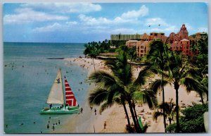 Waikiki Honolulu Hawaii 1960s Postcard Royal Hawaiian Hotel Beach Sailboat
