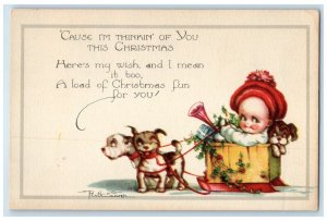 Christmas Baby Girl Sledding Dogs Puppies Ruth Swer Artist Signed Postcard