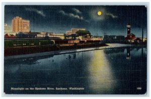 1948 Moonlight Spokane River Exterior Moon Night Spokane Washington WA Postcard