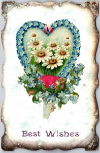 1910's Best Wishes Greetings Forget-Me-Nots Flowers Heart Shape Posted Postcard