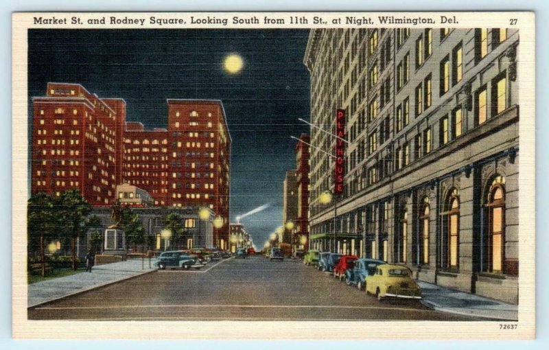 WILMINGTON, Delaware DE ~ Night Moon MARKET STREET Rodney Square 1940s  Postcard