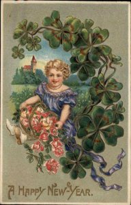 New Year - Little Girl Basket of Flowers Embossed c1910 Postcard