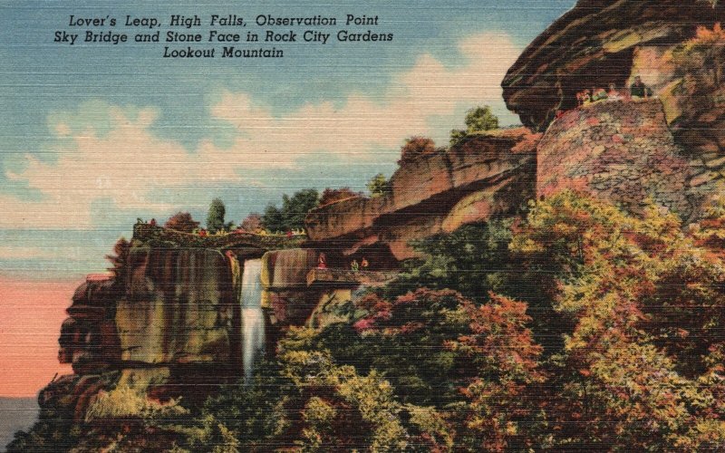 Vintage Postcard Lover's Leap High Falls Observation Point Rock City Gardens GA