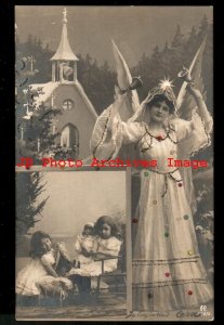 Christmas, RPPC, Angel Ringing Bells, Girls Playing with Dolls, Beads