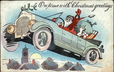 Santa Claus in Flying Car Transportation c1920 Postcard