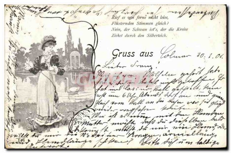 Old Postcard Gruss aus Colmar Woman Swan