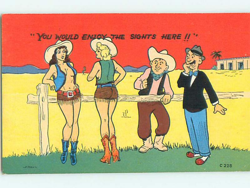 Unused Linen risque western SEXY COWGIRLS WITH OPEN TOPS r1976@