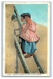 1936 Taking The Elevator Hopi Village Arizona AZ Fred Harvey Vintage Postcard