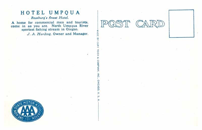 Postcard HOTEL SCENE Roseburg Oregon OR AP5168