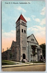 Carbondale PA~First Methodist Episcopal Church~Child w/Umbrella~PM 1914 Postcard
