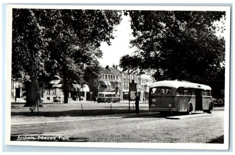 c1930's Bus Passing New Square Arnhem Gelderland Netherlands RPPC Photo Postcard