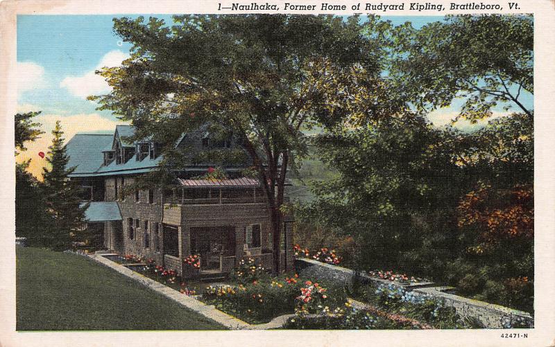 Naulhaka, Home of Rudyard Kipling, Brattleboro, VT, Early Linen Postcard, unused