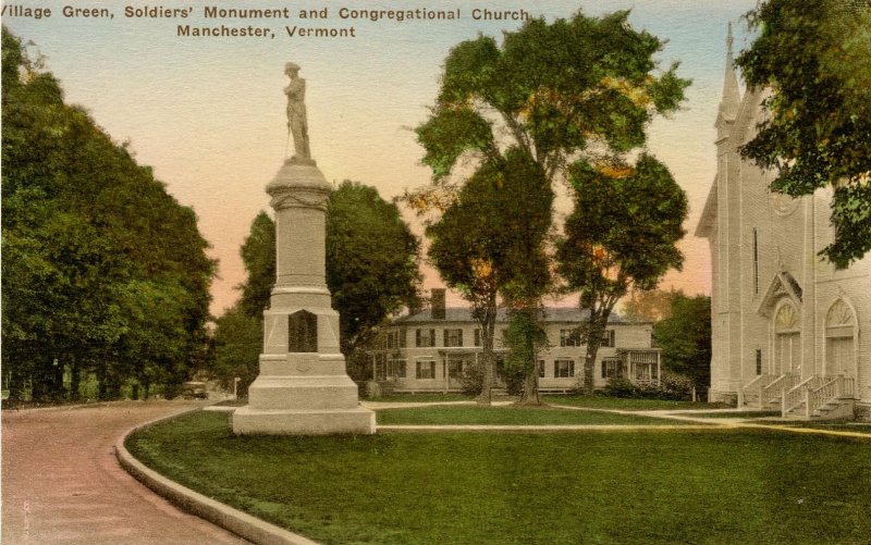 VT - Manchester. Village Green, Soldiers' Monument, Congregational Church