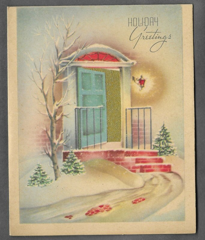 VINTAGE 1940s WWII ERA Christmas Greeting Holiday Card GOLD FOIL Front Door Snow