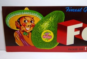 Felixo Avocados Crate Label 1950's Man In Mexican Sombrero Hat Vintage Original