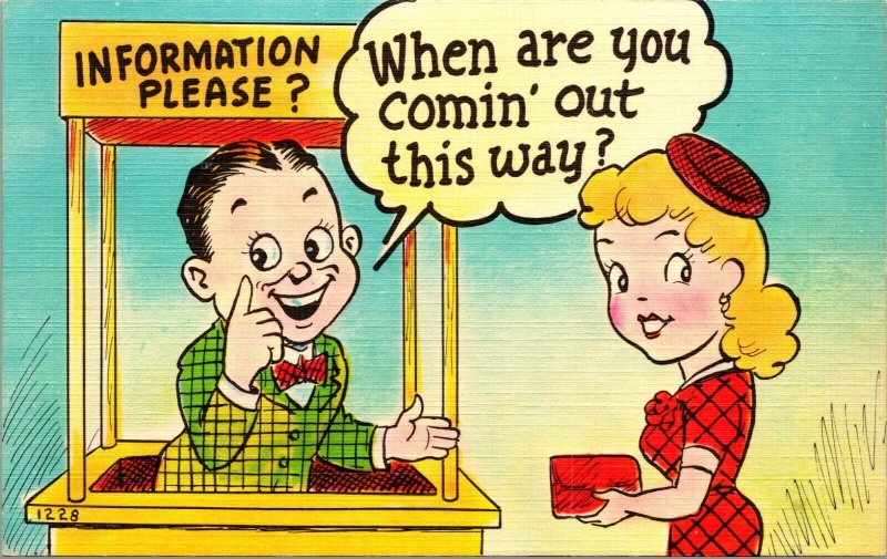 Vtg Linen Postcard Cartoon Information Booth When Are You Comin Out This Way UNP