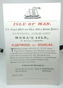 Isle of Man Steam Ship Mona's Isle 1842 Advertising Poster  Postcard