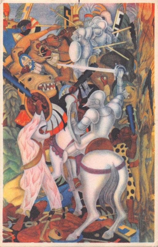 PALACIO CORTES~ARTIST DIEGO RIVERA FRESCO~ESCENA de la CONQUISTA POSTCARD 1934