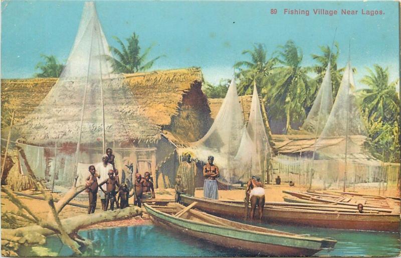 Lot 4 vintage postcards LAGOS Nigeria ethnic life fishing village hausa pedlars