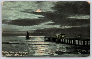 Vintage Postcard 1912 Fishing Pier by Moonlight Asbury Park New Jersey N.J.