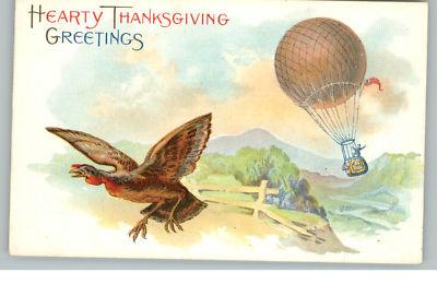 THANKSGIVING Turkey Flying from Hot Air Balloon c1910