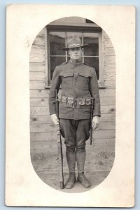 WWI Postcard RPPC Photo US Army Soldier Camp Window Scene c1910's Antique