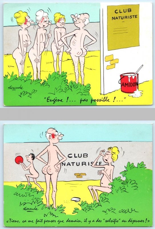 2 Postcards NUDIST CAMP Risque French Comics  CLUB NATURISTE  4x6