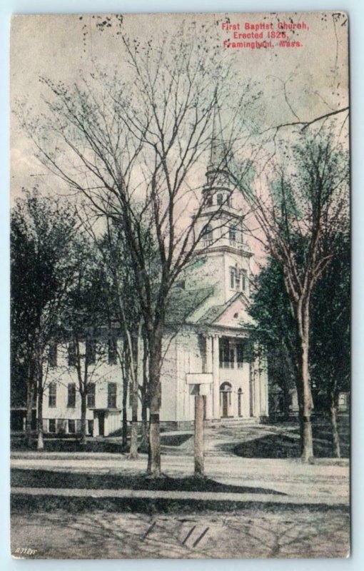 FRAMINGHAM, Massachusetts MA ~ Hand colored FIRST BAPTIST CHURCH c1910s Postcard