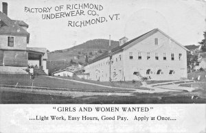 Factory of Richmond VT Underwear Co. Girls & Women Wanted Real Photo Postcard