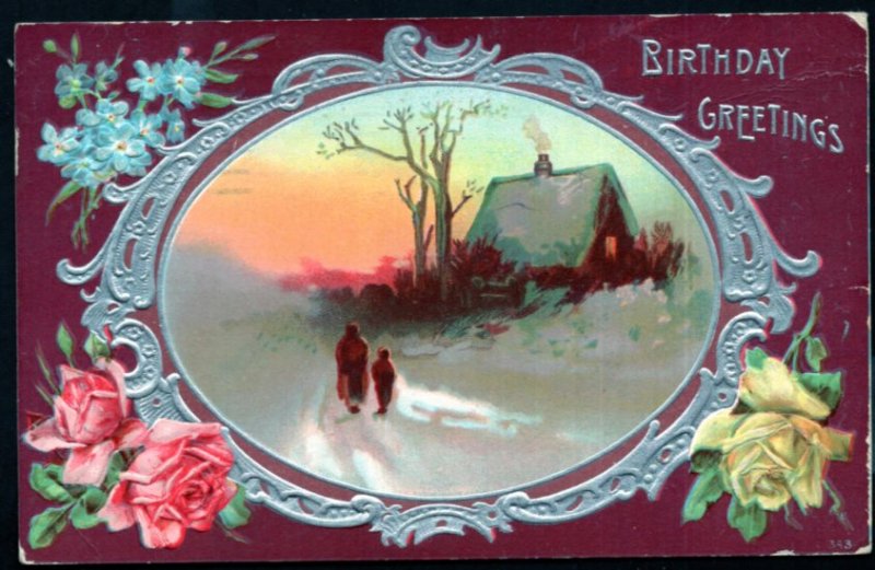 Birthday Greetings with Roses Blue Flowers Winter Scene Embossed - pm1914 - DB