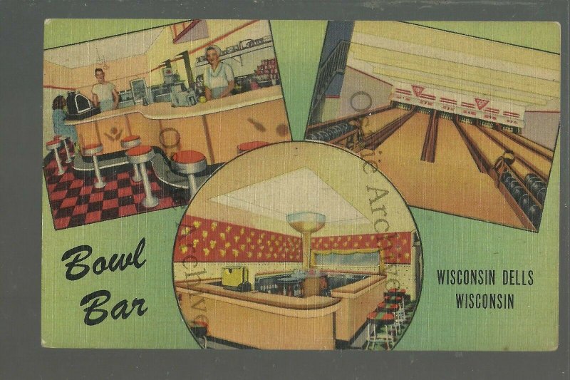 Wisconsin Dells WI c1940 INTERIOR BOWLING ALLEY Bar Saloon ADVERTISING Curteich
