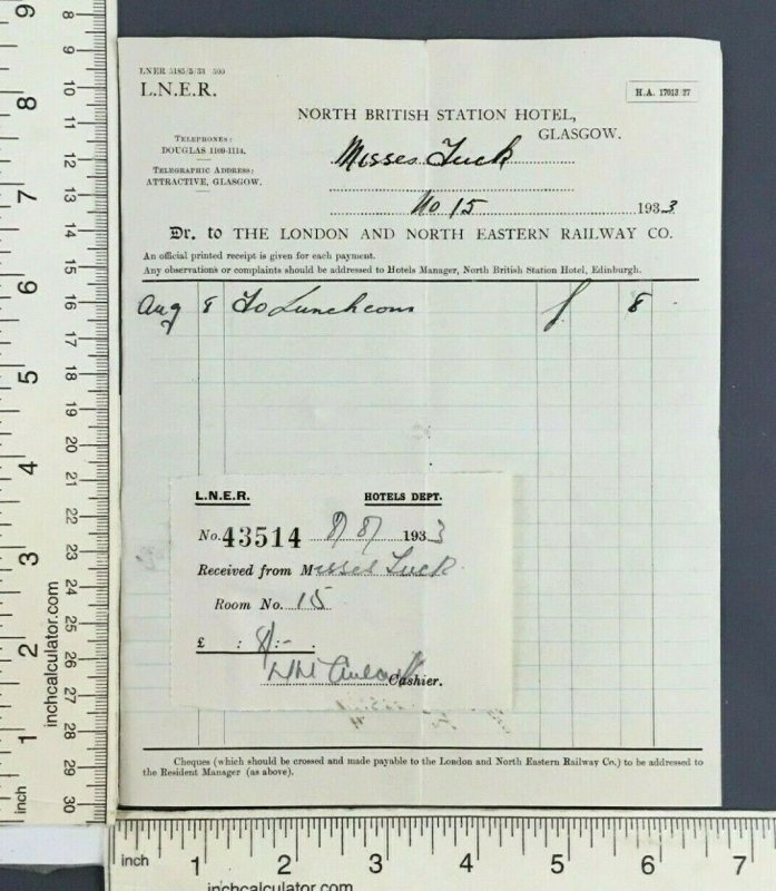 1933 North British Station Hotel Luncheon Receipt London Eastern Railway Glasgow