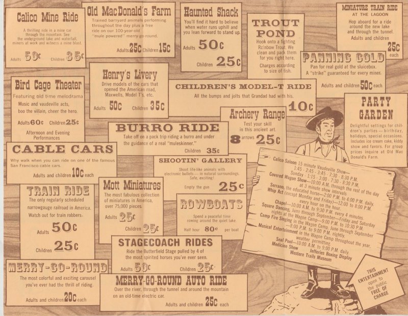 Vintage Knotts Berry Farm Info & Ent. Schedule Fold-Out 50 Acres of Parking