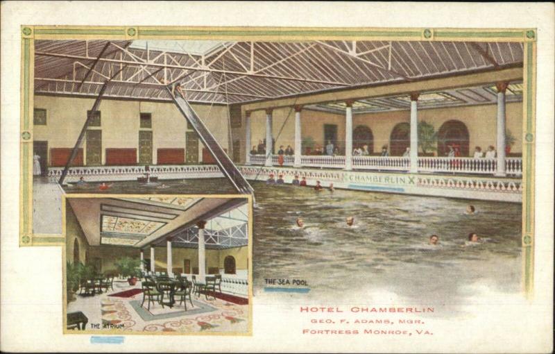 Fortress Monroe VA Hotel Chamberlin Swimming Pool & Atrium c1910 Postcard
