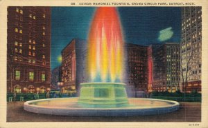 USA Edison Memorial Fountain Grand Circus Park Detroit Linen Postcard 07.45