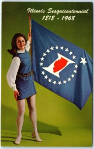 1968 IL Illinois Sesquincentennial Flag Cute Woman Lady Girl Jerry Warshaw A299