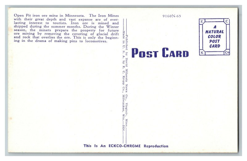 Postcard MN Open Pit Iron Ore Mine Minnesota Vintage Standard View Card 