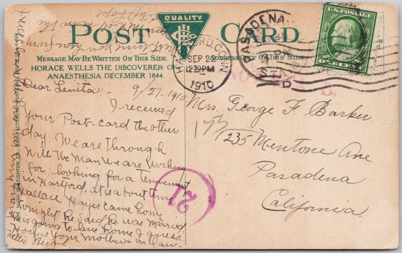 Vintage Hartford CT Horace Wells Anesthesia Statue Lithograph Postcard 1910 H81