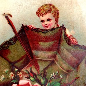 1870s-80s Victorian Religious Card Bible Quote Cute Baby Parasol F105